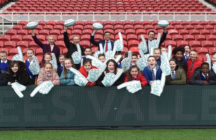  Pupils from Tees Valley schools celebrate the announcement at Middlesbrough’s Riverside Stadium with Ben Houchen