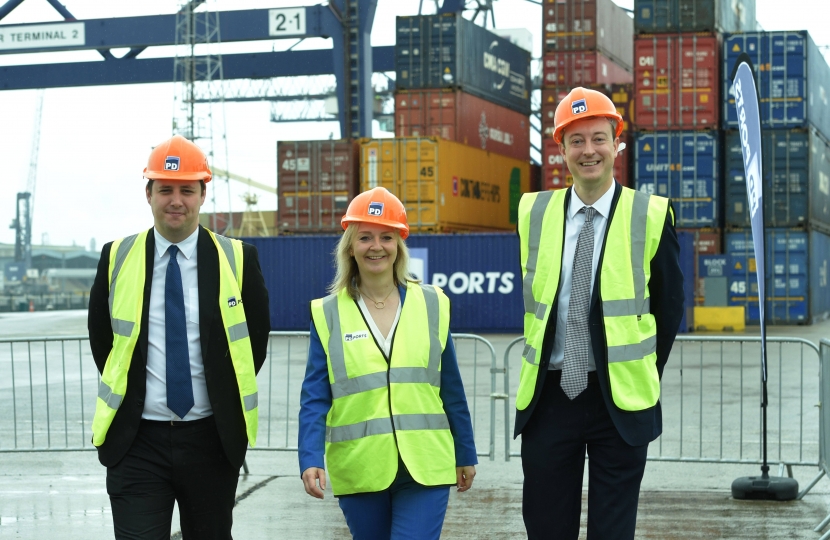 Tees Valley Mayor Ben Houchen with Secretary of State for International Trade Liz Truss MP and Exchequer Secretary to the Treasury Simon Clarke MP