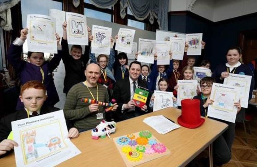 Tees Valley Mayor Ben Houchen with the Little Inventors showing off their plans and Little Inventors founder Dominic Wilcox