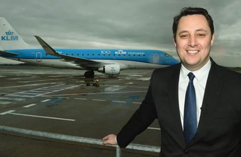 Tees Valley Mayor Ben Houchen with a KLM plane at Teesside International Airport
