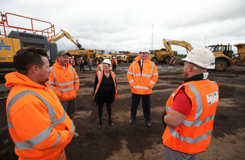Tees Valley Mayor Ben Houchen and Councillor Mary Lanigan, Leader of Redcar & Cleveland Council and South Tees Development Corporation Board member speak to workers on site
