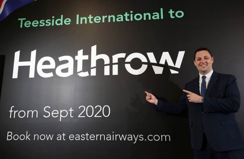 Tees Valley Mayor Ben Houchen at Teesside International Airport announcing the new Heathrow route