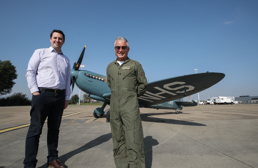 The NHS Spitfire visits Teesside International Airport with pilot John Romain and Tees Valley Mayor Ben Houchen 