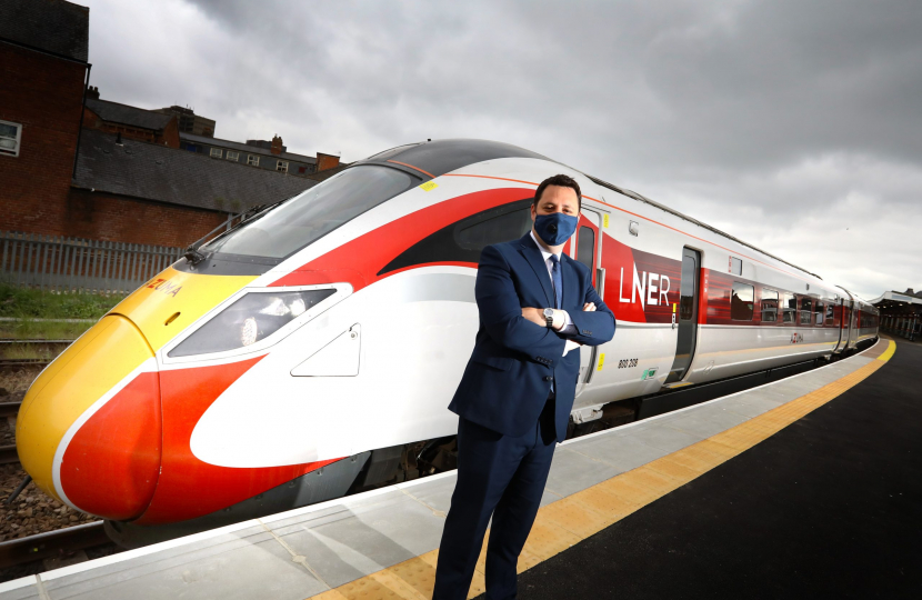 Ben Houchen with new LNER trains at Middlesbrough